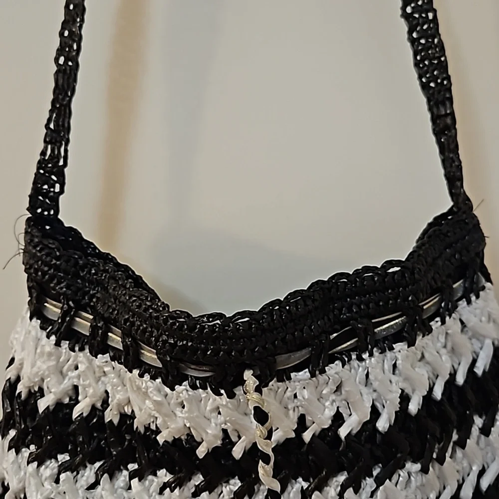 HANDMADE Monochrome Raffia Crochet Cinch Hobo Crossbody Festival Bag